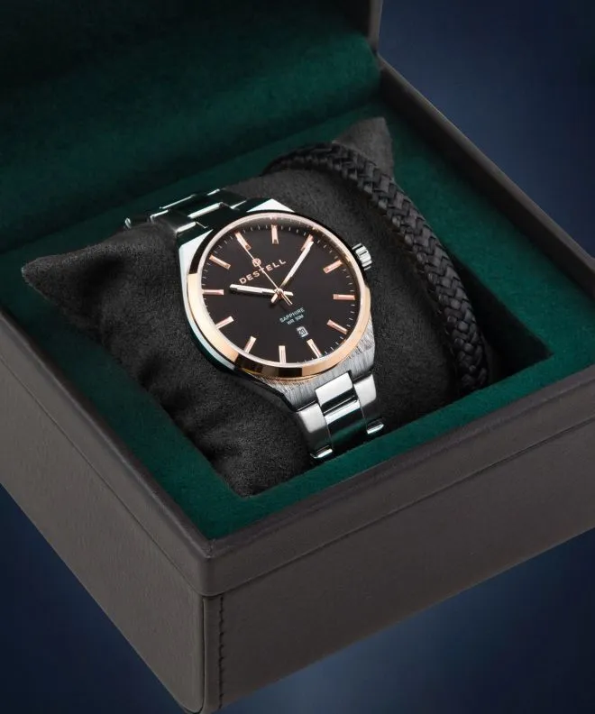 Zegarek męski DESTELL Aries Black Silver Steel Sapphire Gift Set AR4057-17-205S-1520-01