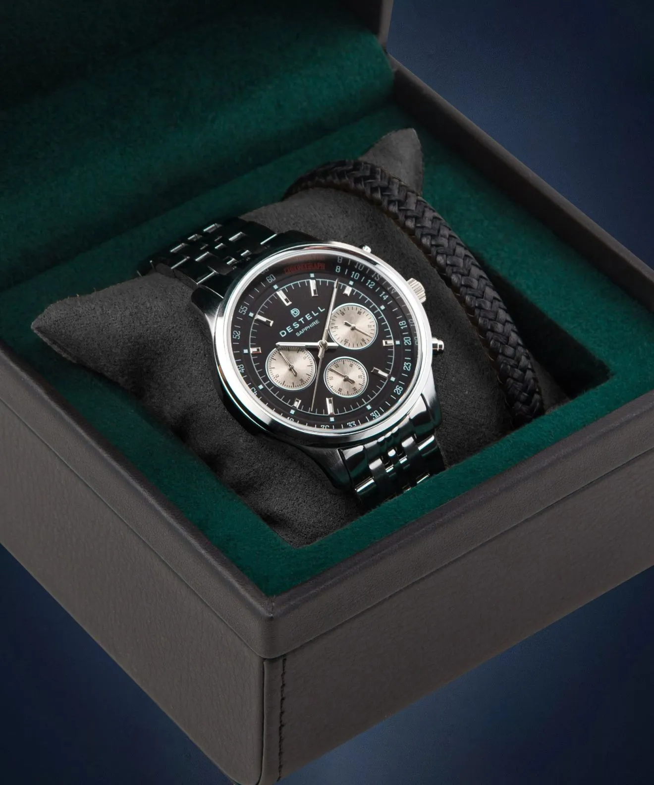 Zegarek męski DESTELL Circinus Black Silver Steel Chronograph Sapphire Gift Set CR415-15-205J-1520-01