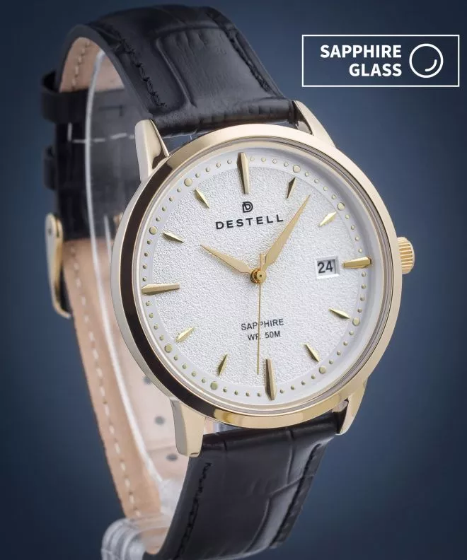 Zegarek męski DESTELL Pictor Silver Gold Black Leather Sapphire PT404-55-201L