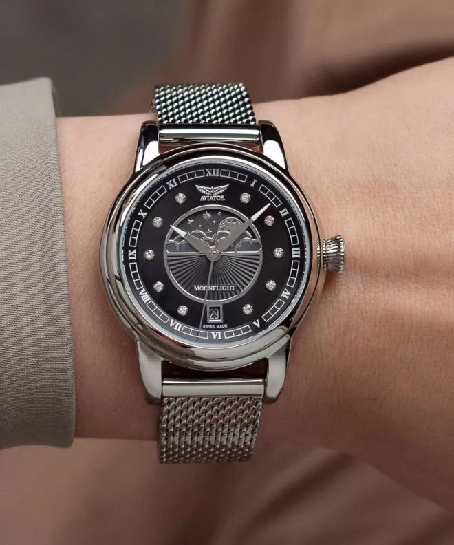 Zegarek damski Aviator Douglas Moonflight Black Diamonds Limited Edition V.1.33.0.381.5