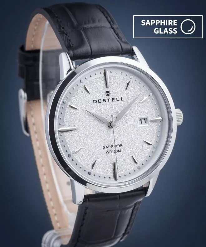 Zegarek męski DESTELL Pictor Silver Black Leather Sapphire PT405-55-201L