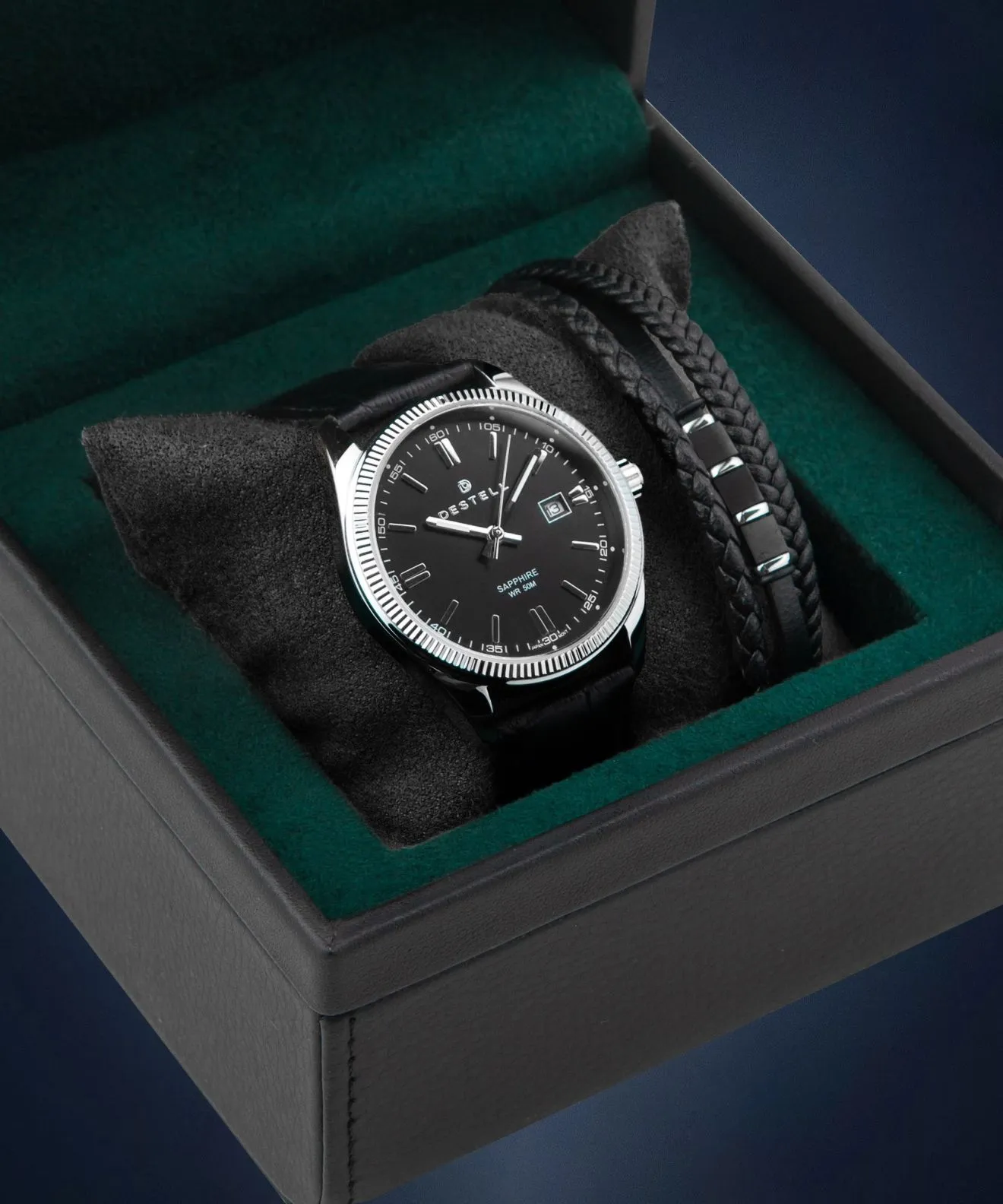 Zegarek męski DESTELL Loup Black Silver Leather Sapphire Gift Set LU3855-15-201L-1520-03