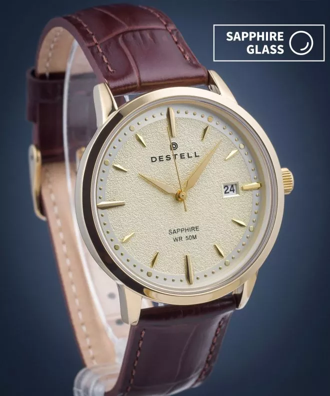 Zegarek męski DESTELL Pictor Gold Brown Leather Sapphire PT404-44-209L