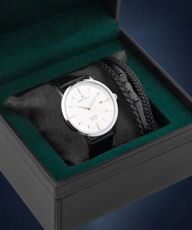 Zegarek męski DESTELL Pictor Silver Black Leather Sapphire Gift Set PT405-55-201L-1120-04