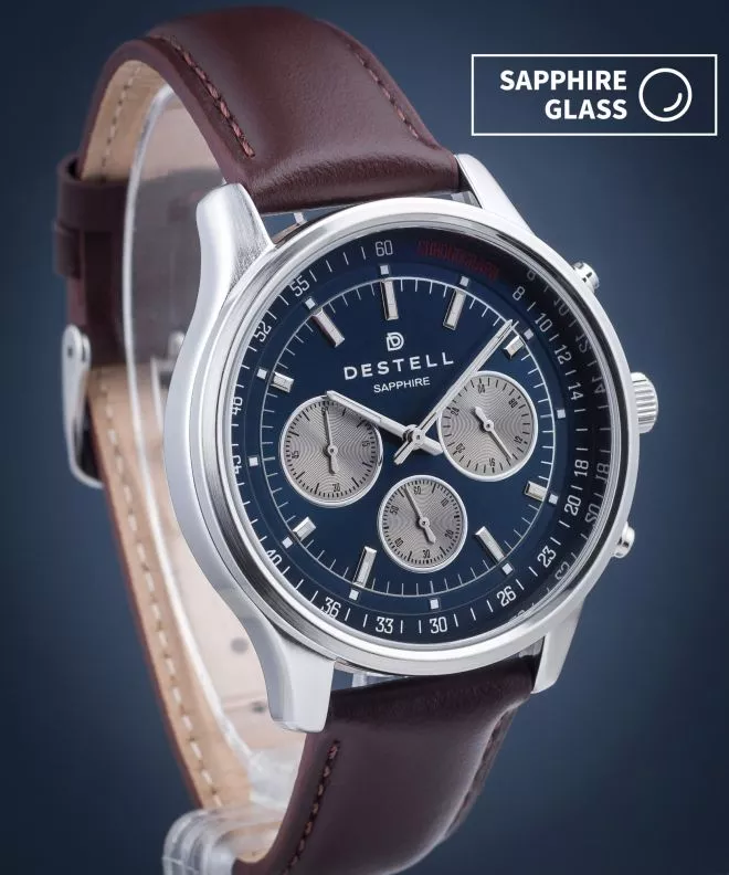 Zegarek męski DESTELL Circinus Navy Blue Silver Brown Leather Chronograph Sapphire CR415-15-206L