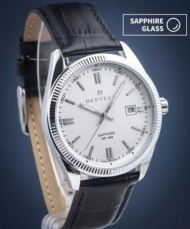 Zegarek męski DESTELL Loup White Silver Black Leather Sapphire LU3855-25-201L