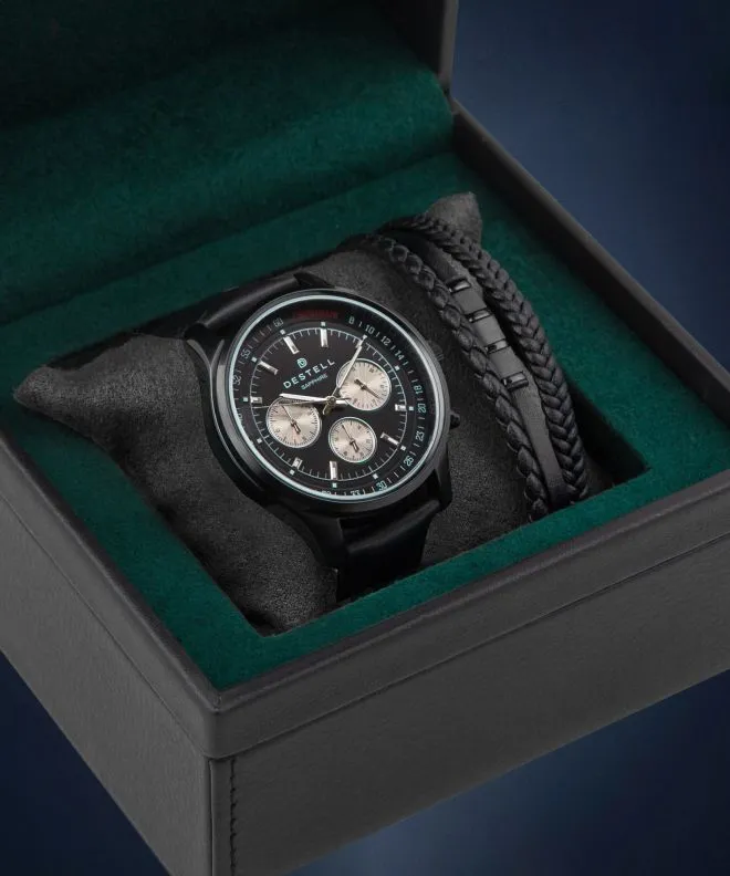 Zegarek męski DESTELL Circinus Full Black Leather Chronograph Sapphire Gift Set CR411-15-201L-1120-04