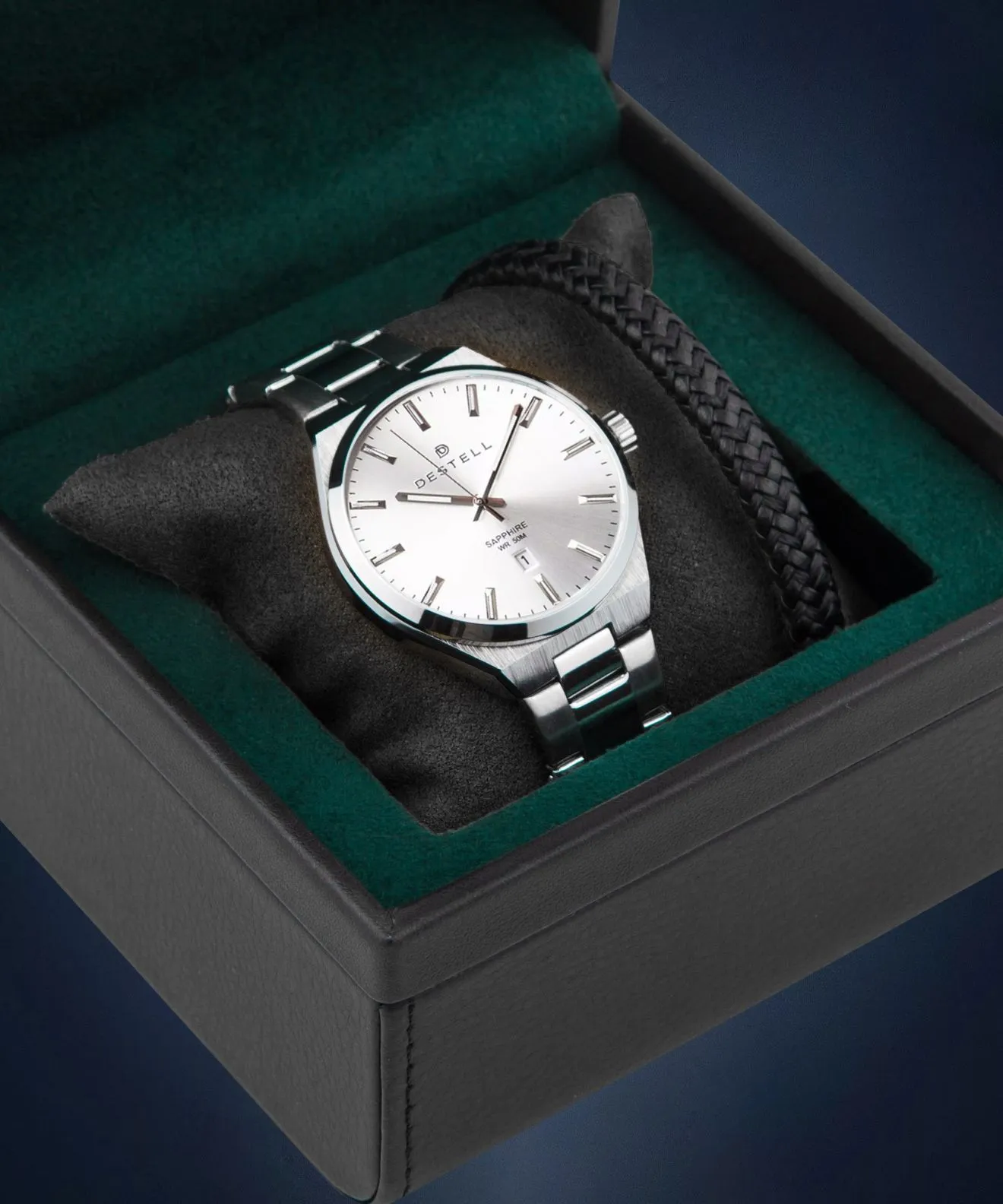 Zegarek męski DESTELL Aries Full Silver Steel Sapphire Gift Set AR405-25-205S-1520-01
