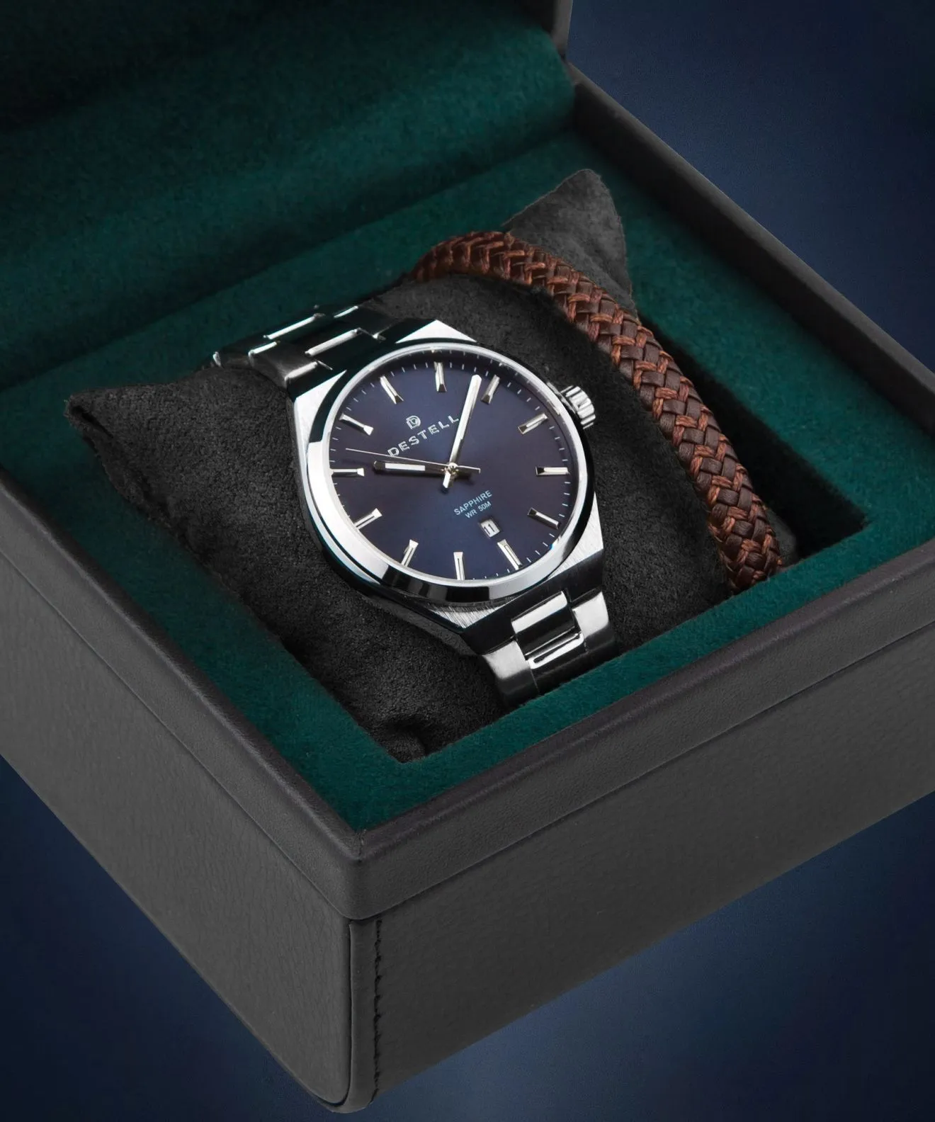 Zegarek męski DESTELL Aries Navy Blue Silver Steel Sapphire Gift Set AR405-35-205S-9520-02