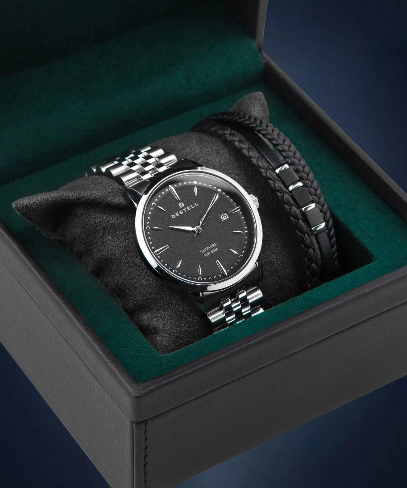 Zegarek męski DESTELL Pictor Black Silver Steel Sapphire Gift Set PT405-15-205J-1520-03
