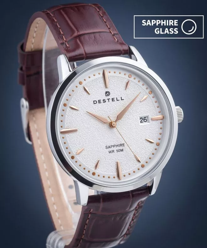 Zegarek męski DESTELL Pictor Silver Brown Leather Sapphire PT405-57-209L