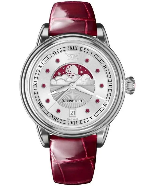 Zegarek damski Aviator Moonflight Gemstone Edition Silver Red Ruby Limited Edition V.1.33.0.419.4