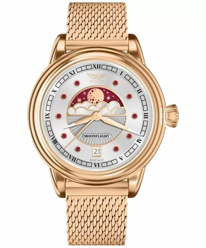 Zegarek damski Aviator Moonflight Gemstone Edition Silver Red Ruby Limited Edition V.1.33.2.420.5