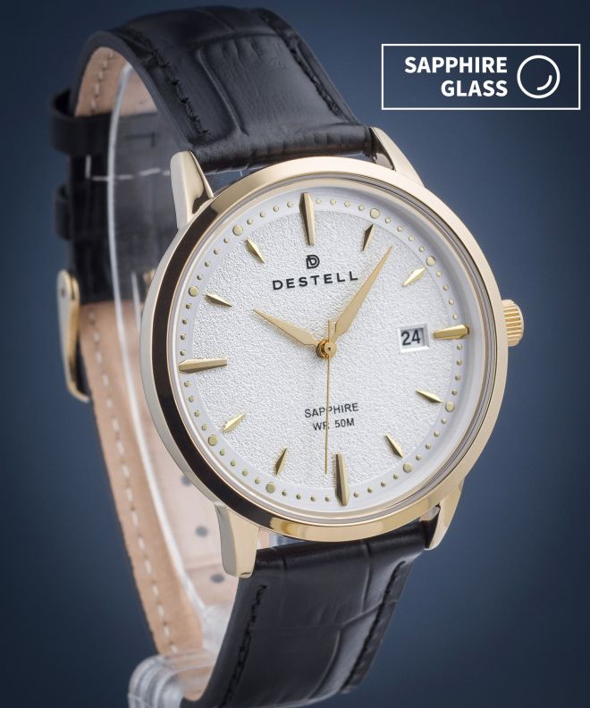 Zegarek męski DESTELL Pictor Silver Gold Black Leather Sapphire PT404-55-201L