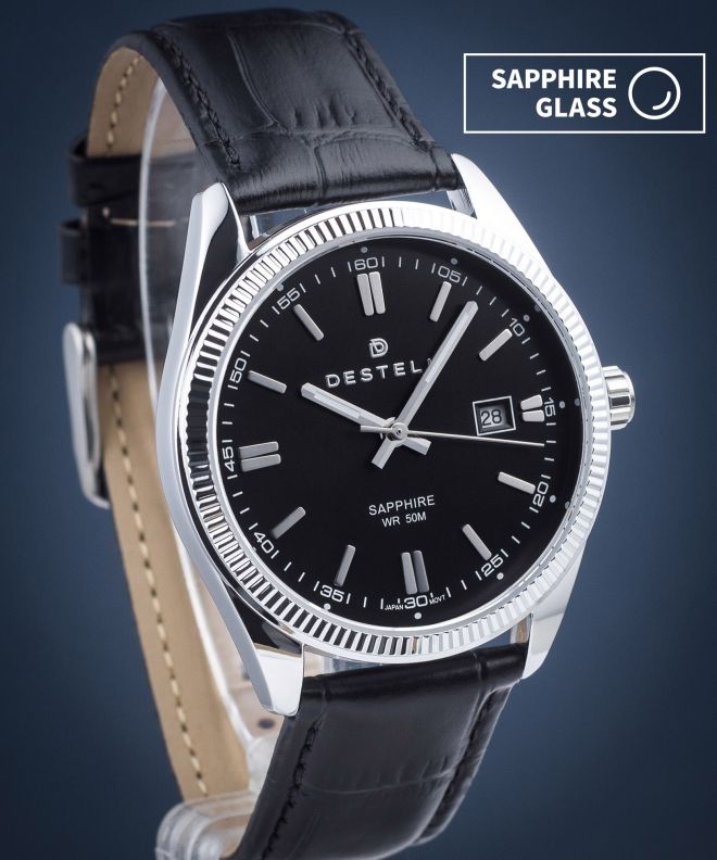 Zegarek męski DESTELL Loup Black Silver Leather Sapphire LU3855-15-201L