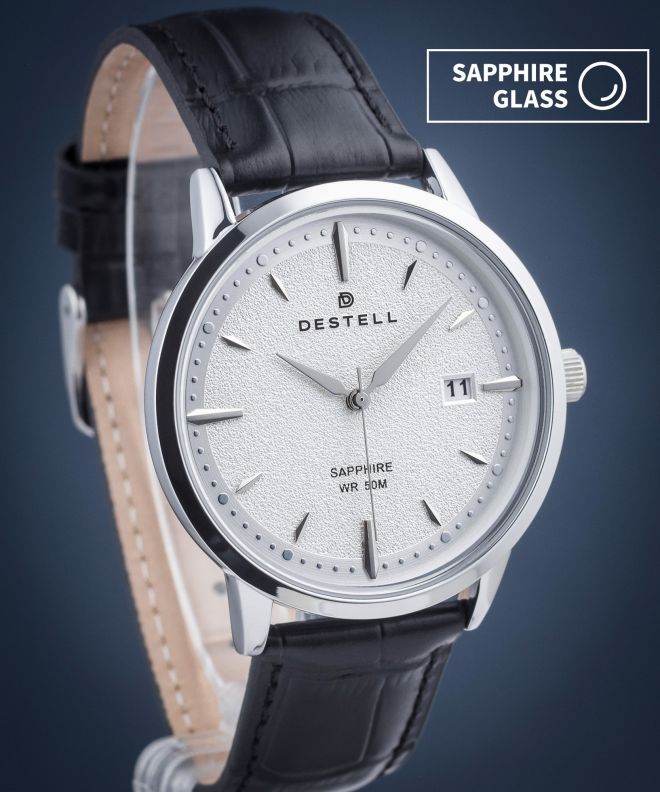 Zegarek męski DESTELL Pictor Silver Black Leather Sapphire PT405-55-201L