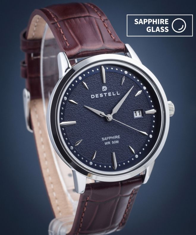Zegarek męski DESTELL Pictor Blue Silver Brown Leather Sapphire PT405-35-209L