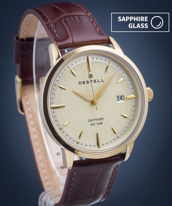 Zegarek męski DESTELL Pictor Gold Brown Leather Sapphire PT404-44-209L