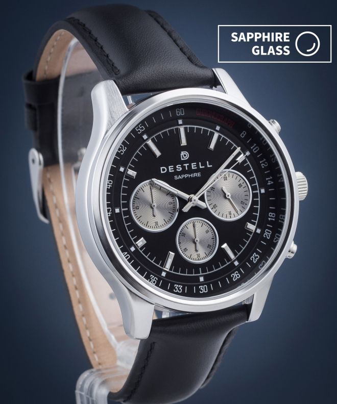 Zegarek męski DESTELL Circinus Black Silver Leather Chronograph Sapphire CR415-15-201L