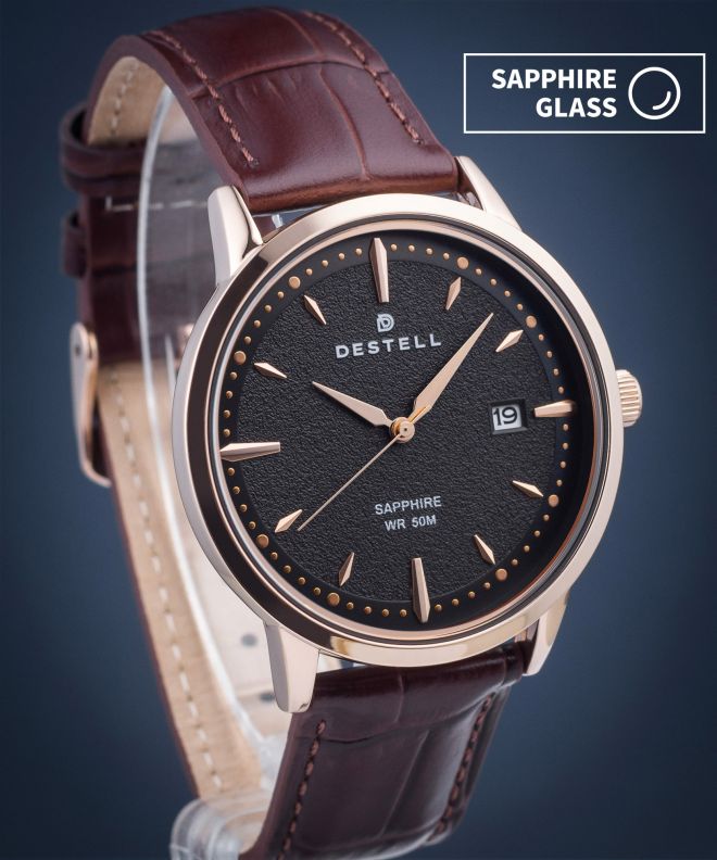 Zegarek męski DESTELL Pictor Black Rose Gold Brown Leather Sapphire PT407-17-209L