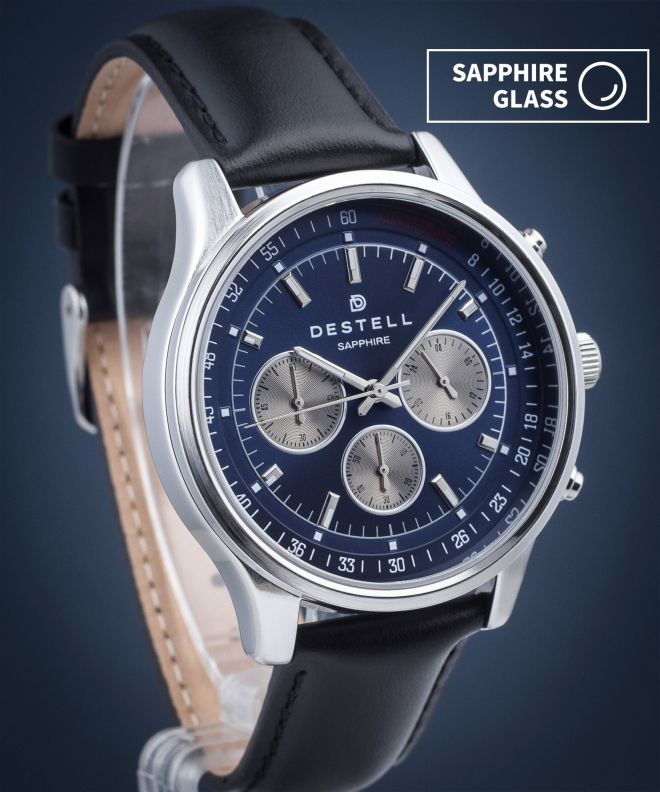 Zegarek męski DESTELL Circinus Blue Silver Black Leather Chronograph Sapphire CR415-35-201L