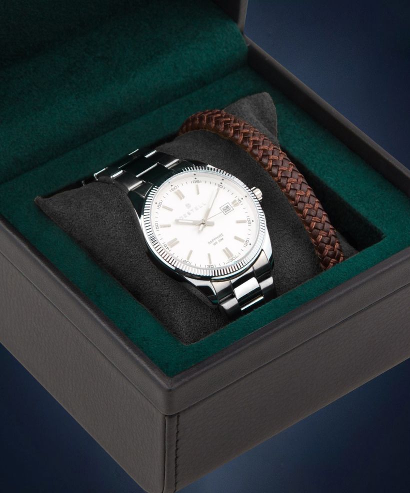 Zegarek męski DESTELL Loup White Silver Steel Sapphire Gift Set
