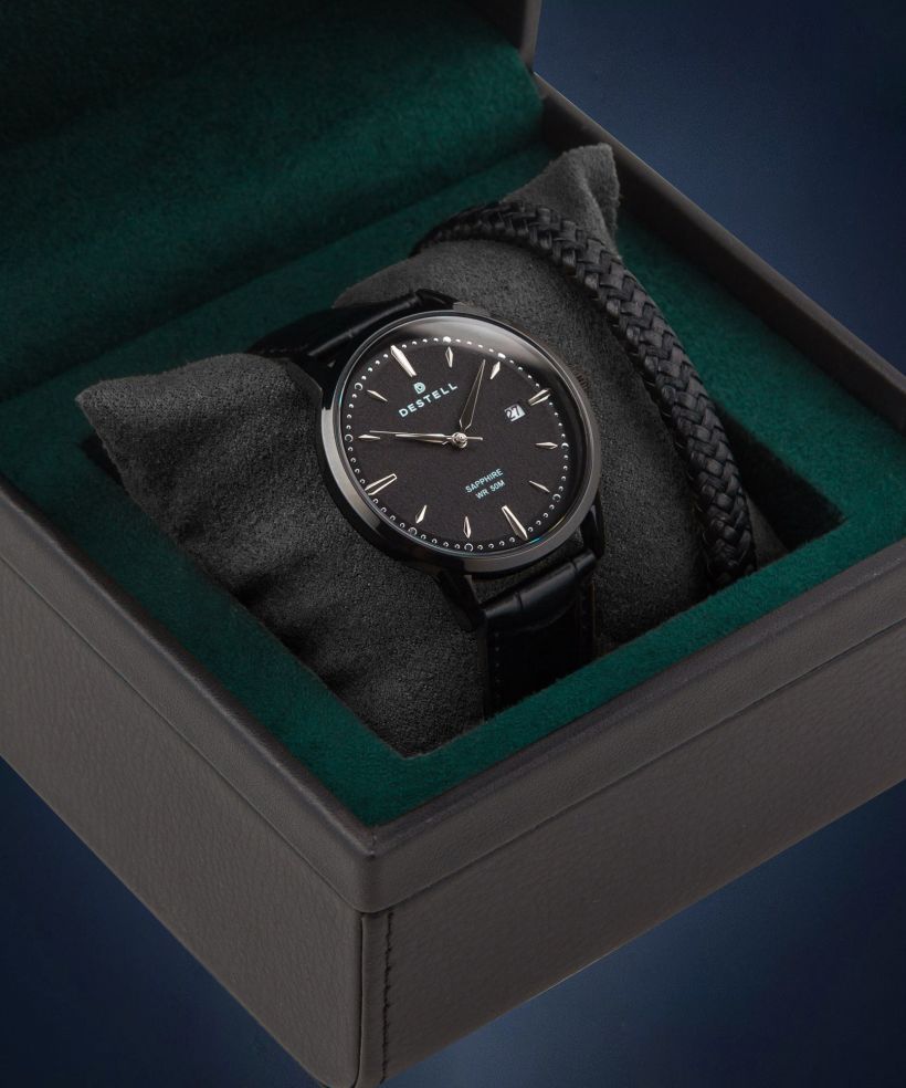 Zegarek męski DESTELL Pictor Full Black Leather Sapphire Gift Set