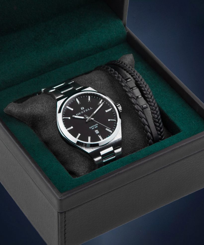 Zegarek męski DESTELL Aries Black Silver Steel Sapphire Gift Set