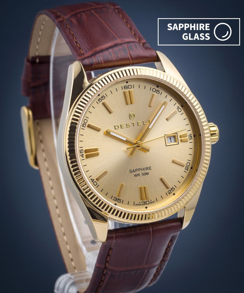 Zegarek męski DESTELL Loup Gold Brown Leather Sapphire
