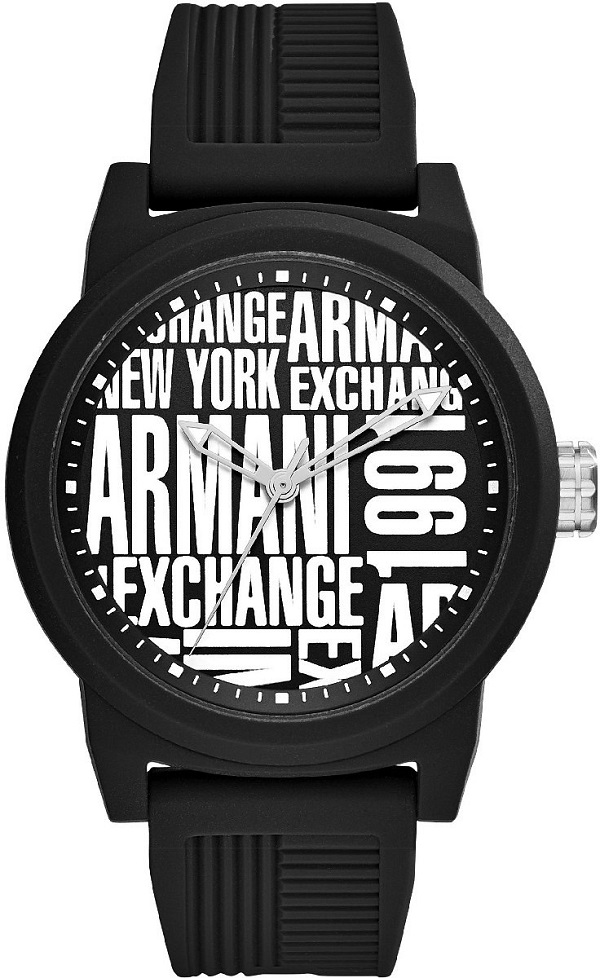 zegarek meski Armani casual z tworzywa czarny biale napisy