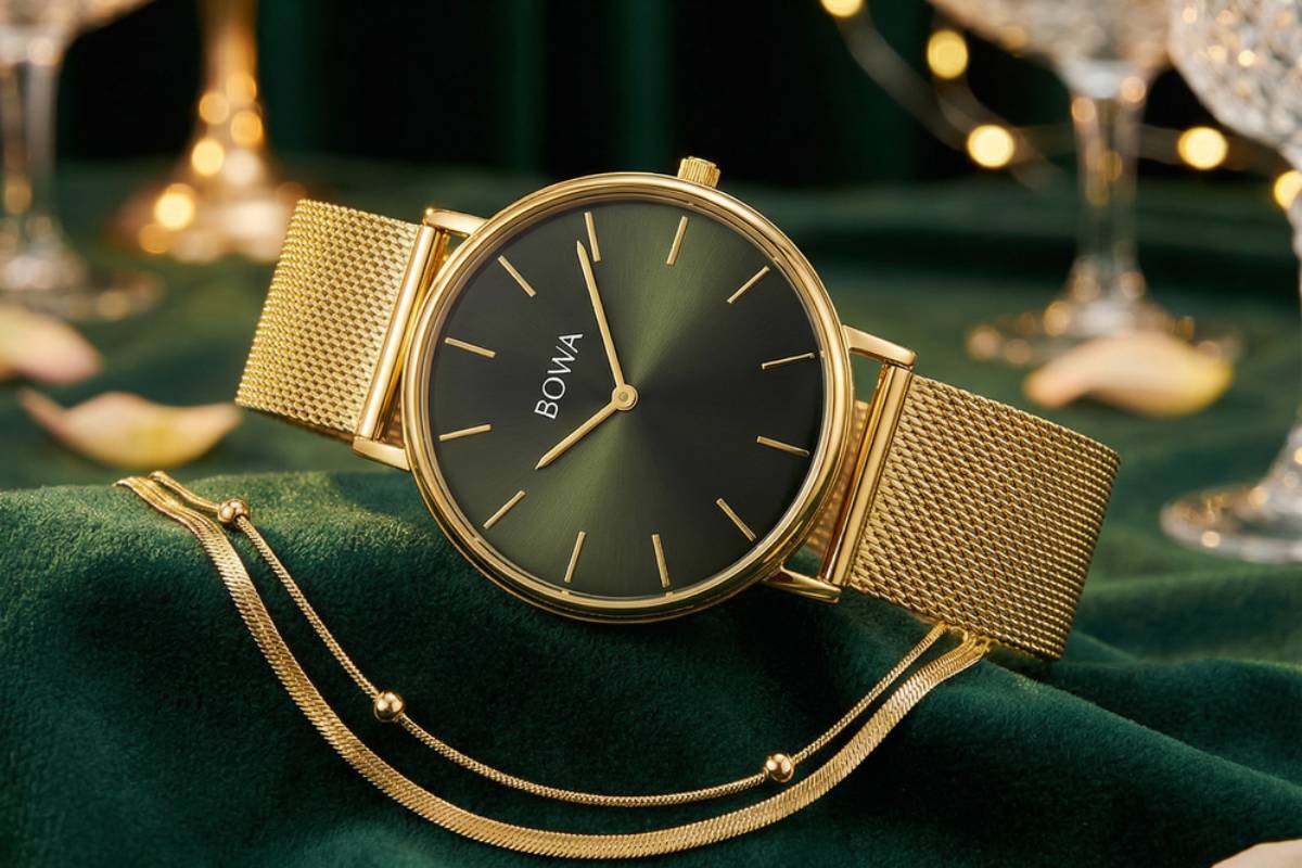 BOWA New York Petite Green-Gold Mesh 34 Gift Set (zegarek + bransoletka)